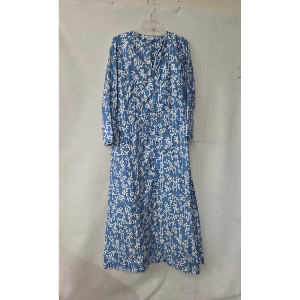 Sears At HomeWear Robe Womens Medium Blue White Botanical Zip Front Vintage 70s